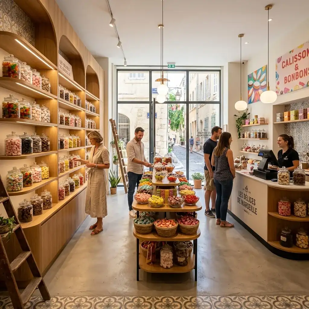 Intérieur d'un magasin de bonbons moderne et lumineux conçu par notre architecte à Marseille